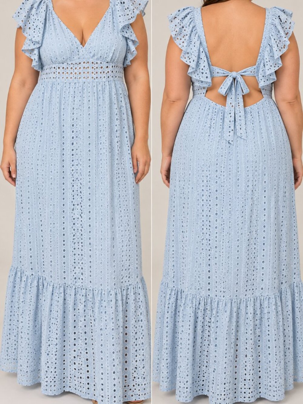 NWT ELOQUII 18 Baby Blue Eyelet Maxi Dress Open Tie Back Flutter Sleeve